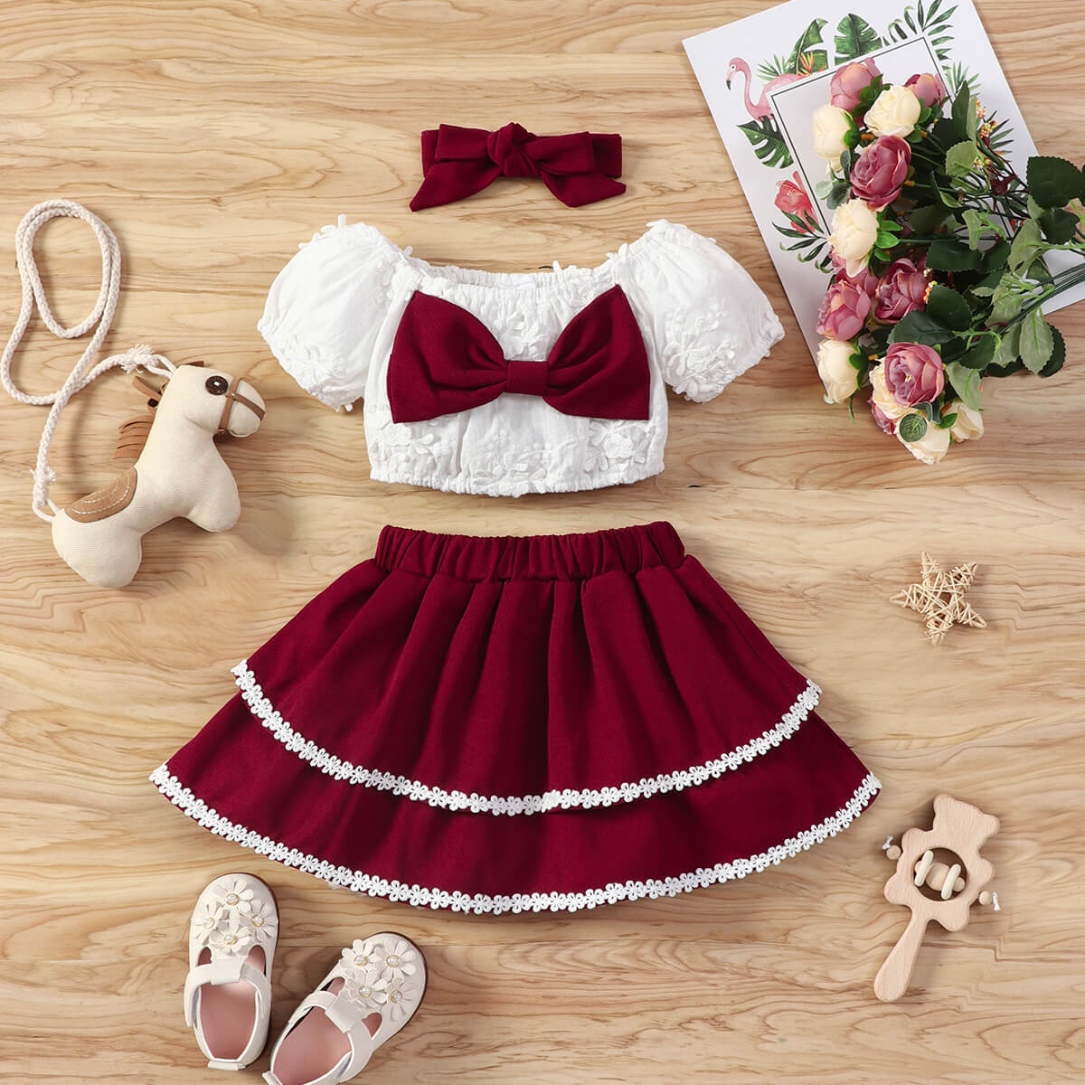 Baby Girl Bow Detail Cropped Top and Skirt Set