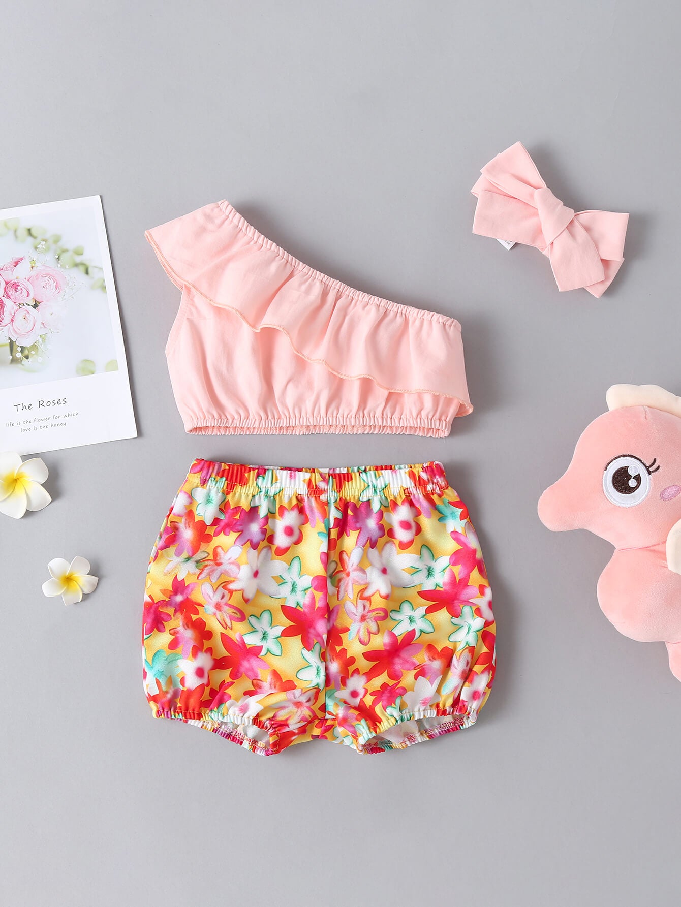 Baby Girl One-Shoulder Ruffled Top and Floral Shorts Set