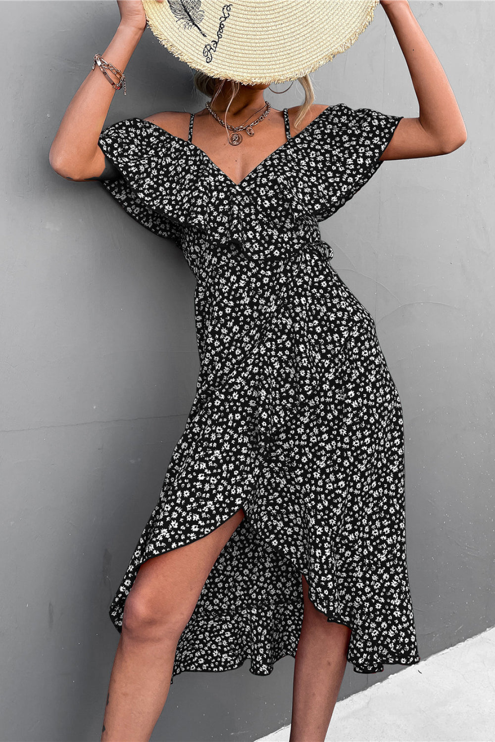 Ditsy Floral Cold Shoulder Tulip Hem Dress