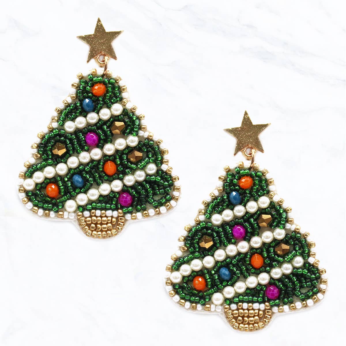 Beaded Christmas Tree Fabric Post Dangle Earrings