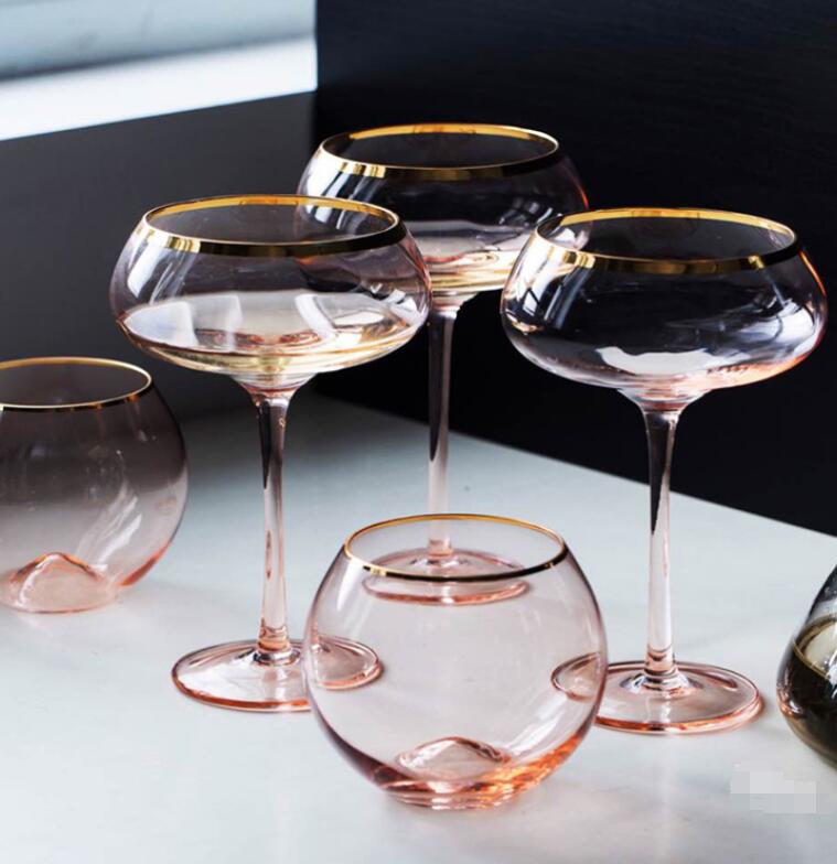 Gold Rim Rose Colored Glass Stemware Barware