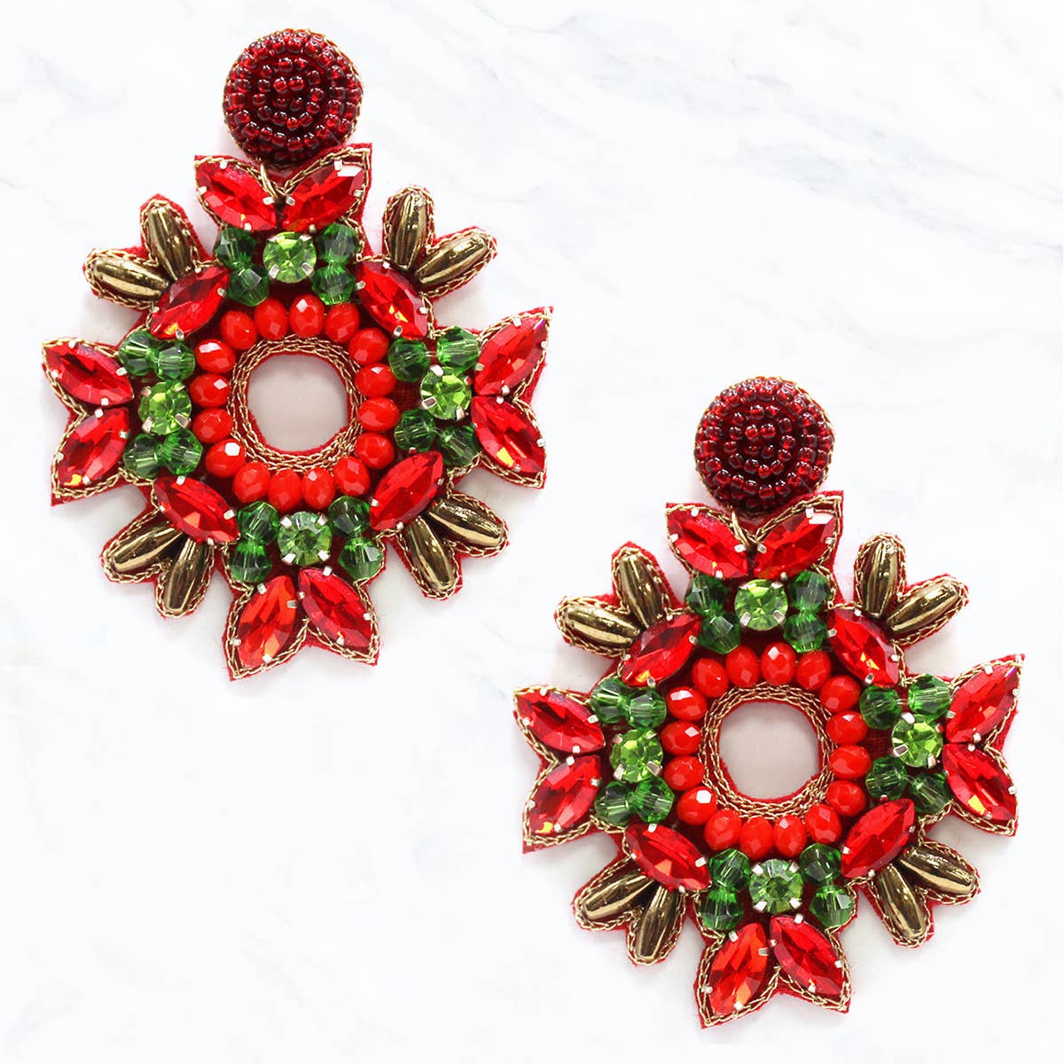 Beaded Christmas Wreath, Fabric Post Dangle Earrings