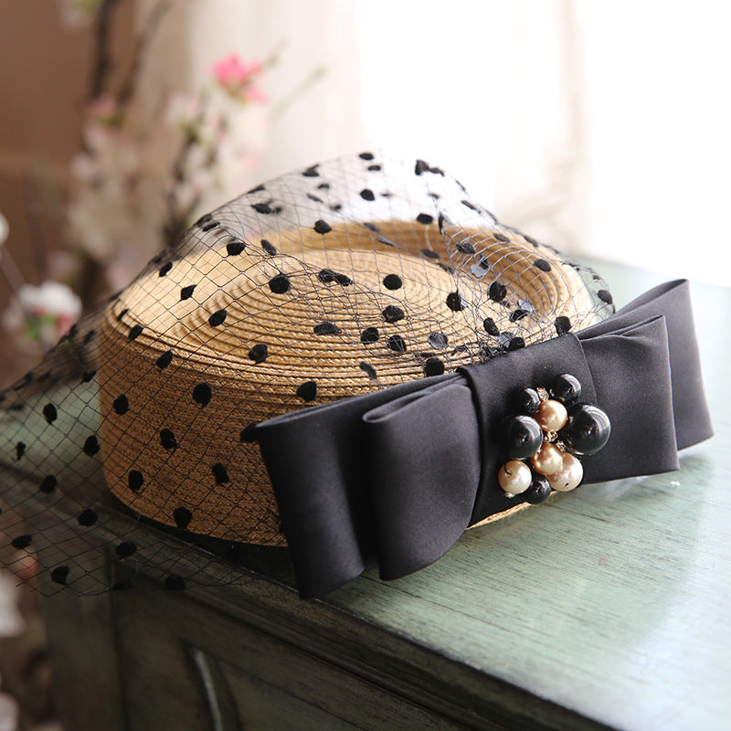 Vintage Straw Handmade Bow Black Dot Veil Small Top Hat