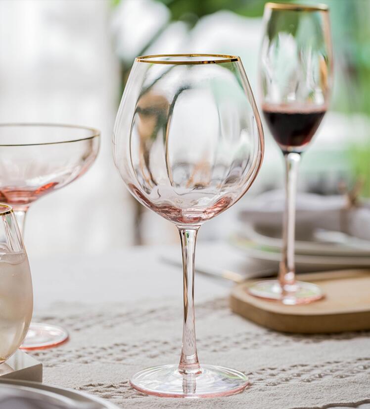 Gold Rim Rose Colored Glass Stemware Barware