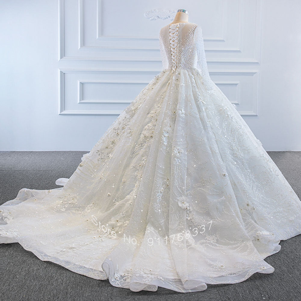 Sparkly Long Sleeve Ball Gown Princess Wedding Dress with Handmade Flowers, Beading, and Pearls