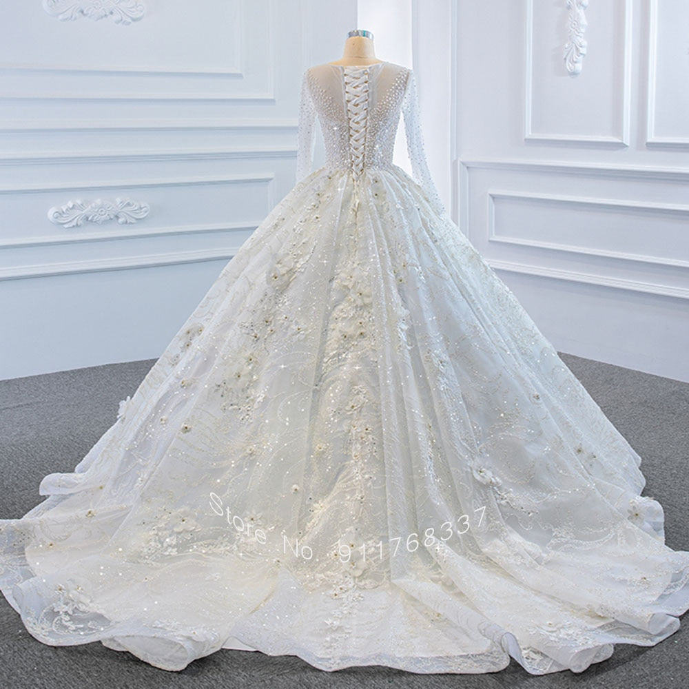 Sparkly Long Sleeve Ball Gown Princess Wedding Dress with Handmade Flowers, Beading, and Pearls