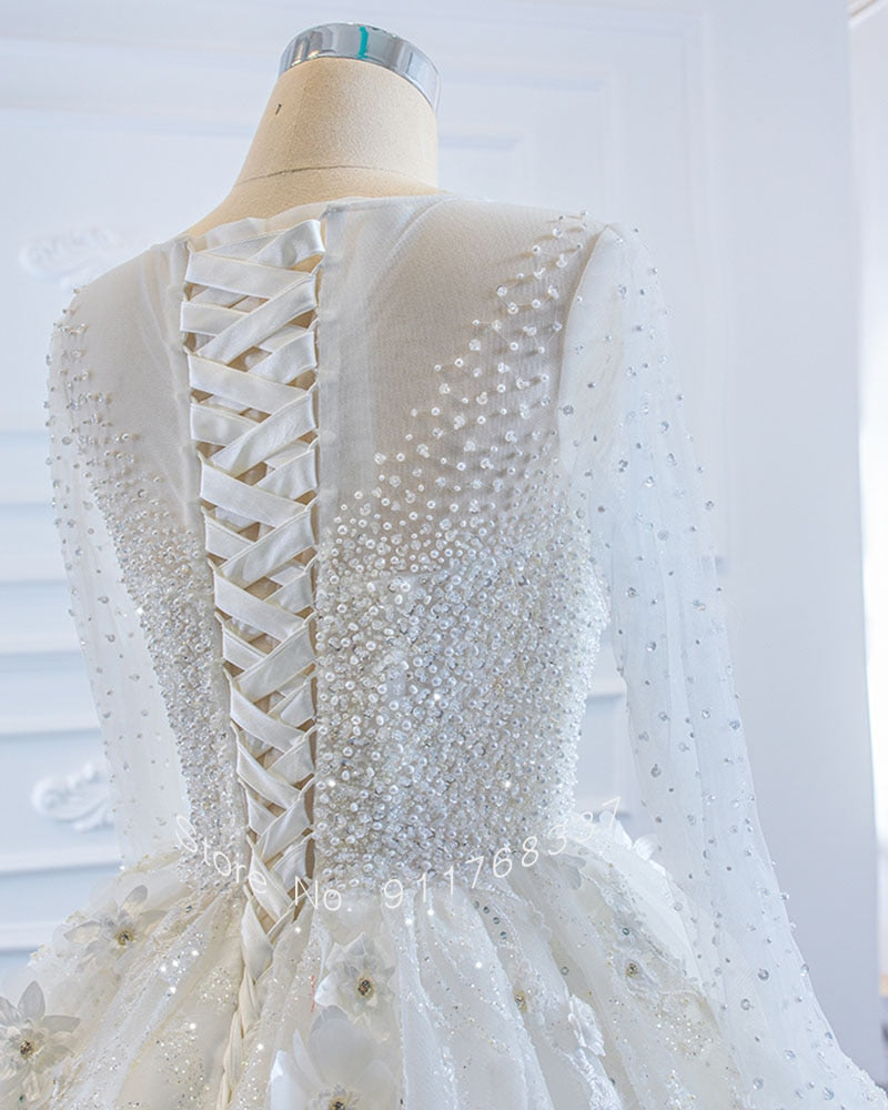 Sparkly Long Sleeve Ball Gown Princess Wedding Dress with Handmade Flowers, Beading, and Pearls