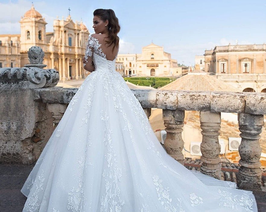 Full Long Sleeve Ball Gown with Elegant Back