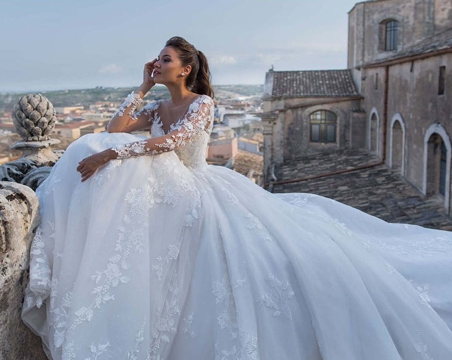 Full Long Sleeve Ball Gown with Elegant Back