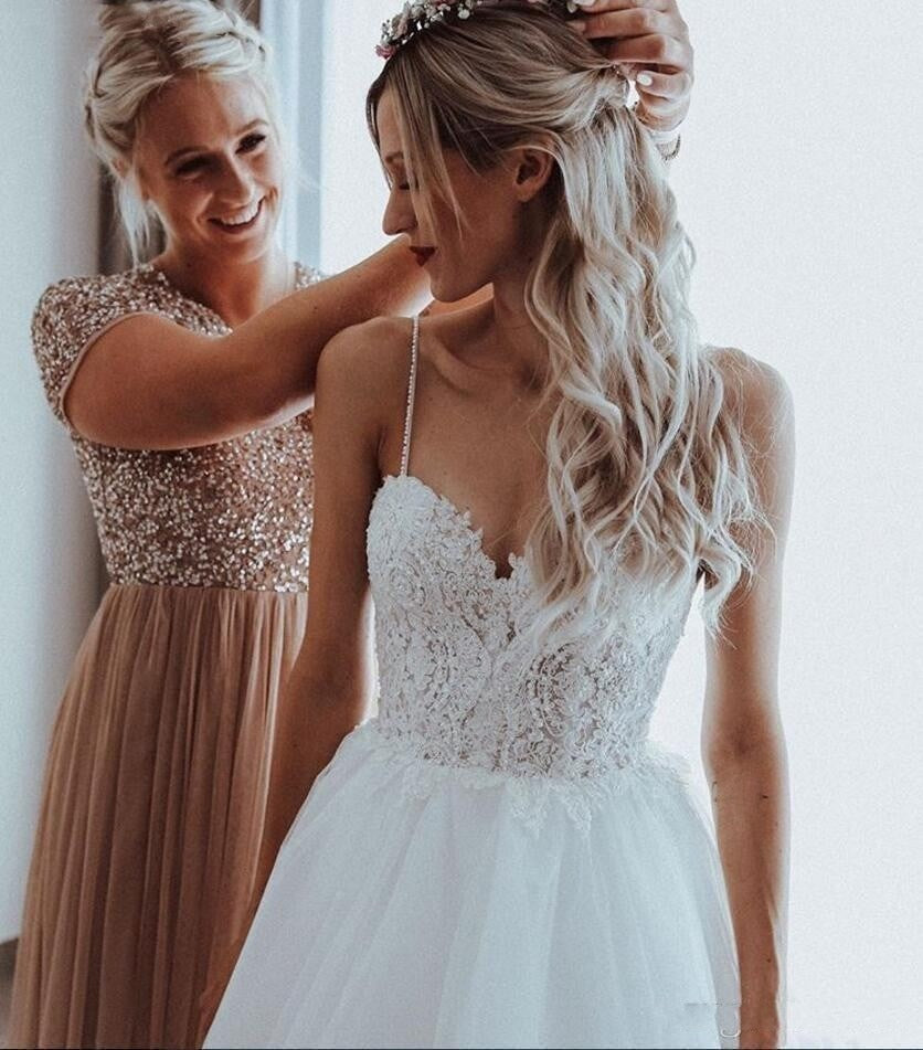 Backless Lace Wedding Dresses with Spaghetti Straps with A-Line Silhouette