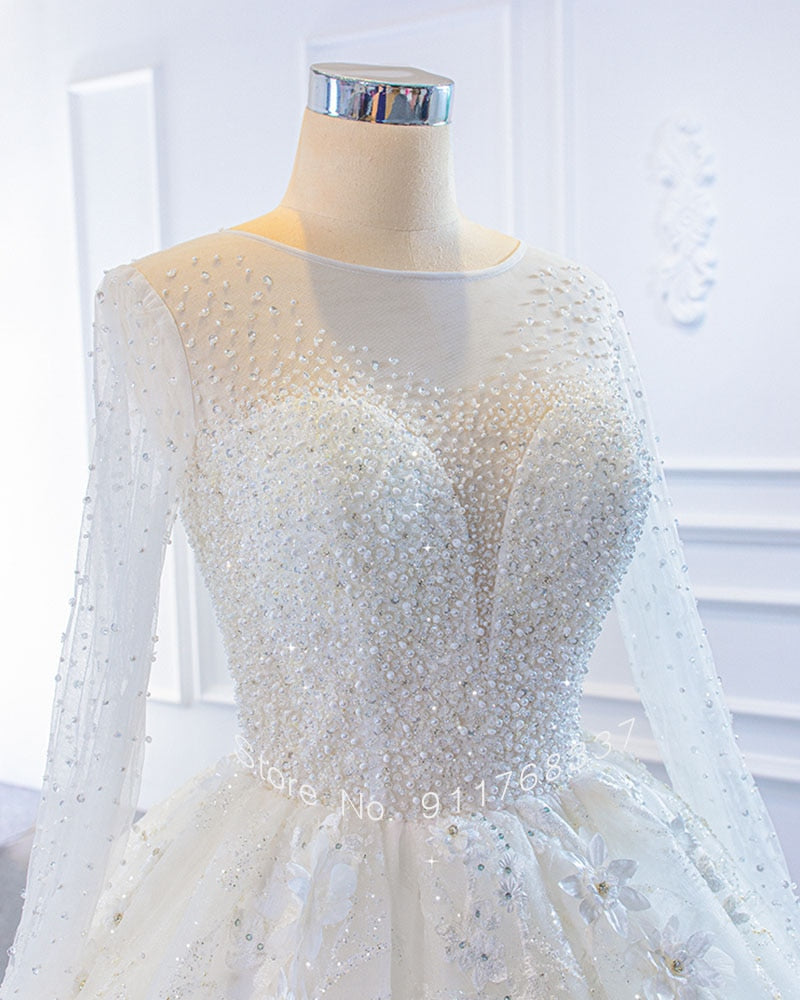 Sparkly Long Sleeve Ball Gown Princess Wedding Dress with Handmade Flowers, Beading, and Pearls
