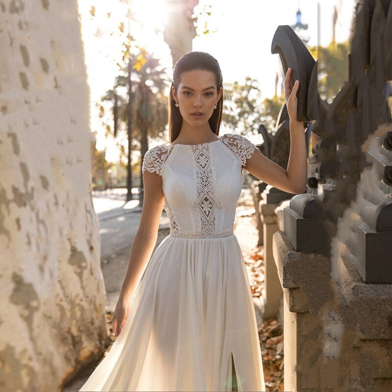 Boho Chiffon Lace Wedding Dress Appliques Cap Sleeves High Slit Bride Dress Backless Vintage Robe Party Gowns Vestidos De Novia
