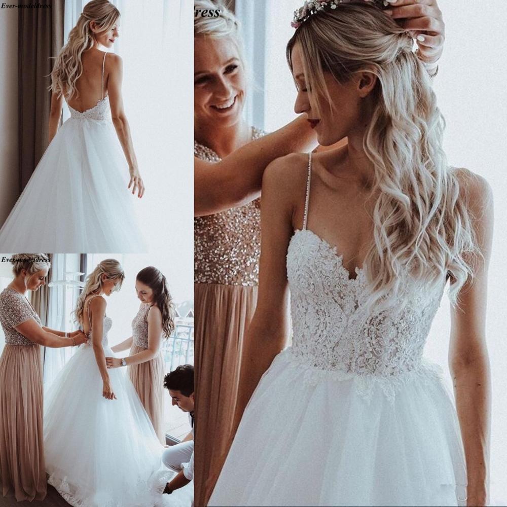 Backless Lace Wedding Dresses with Spaghetti Straps with A-Line Silhouette