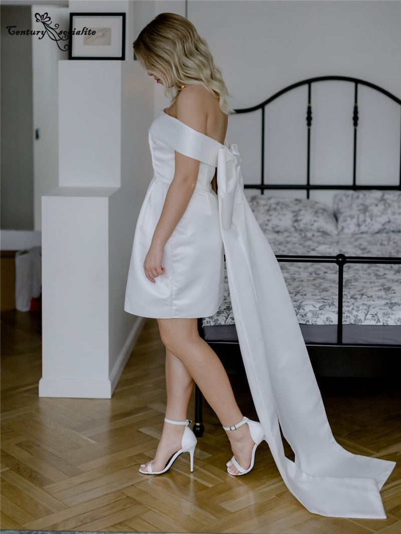 Satin Wedding Dresses Short with Detachable Big Bow Off the Shoulder Simple Bride Dress Beach Bridal Gowns Robe De Mariee 2022