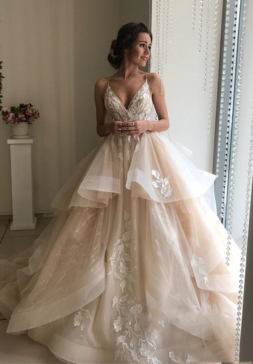 Champagne Floral Lace Wedding Dresses with Back Cutout and Ruffles Ballgown