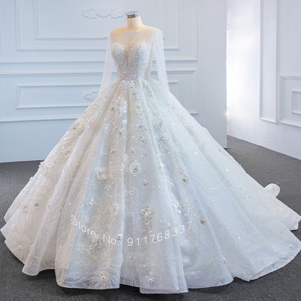 Sparkly Long Sleeve Ball Gown Princess Wedding Dress with Handmade Flowers, Beading, and Pearls