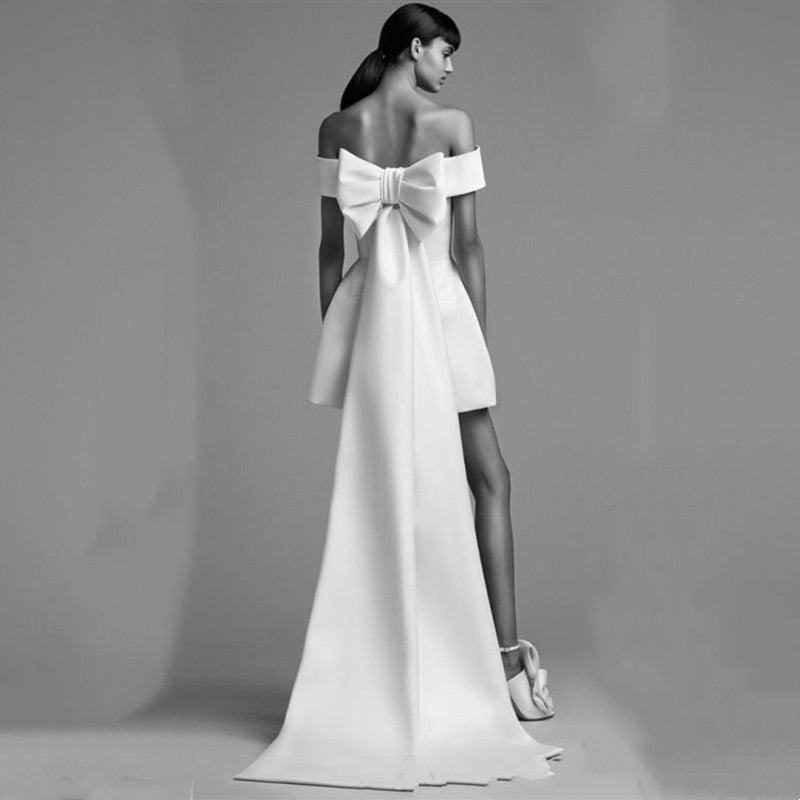 Off the Shoulder Satin Bridal Romper/Jumpsuit with High-low Train