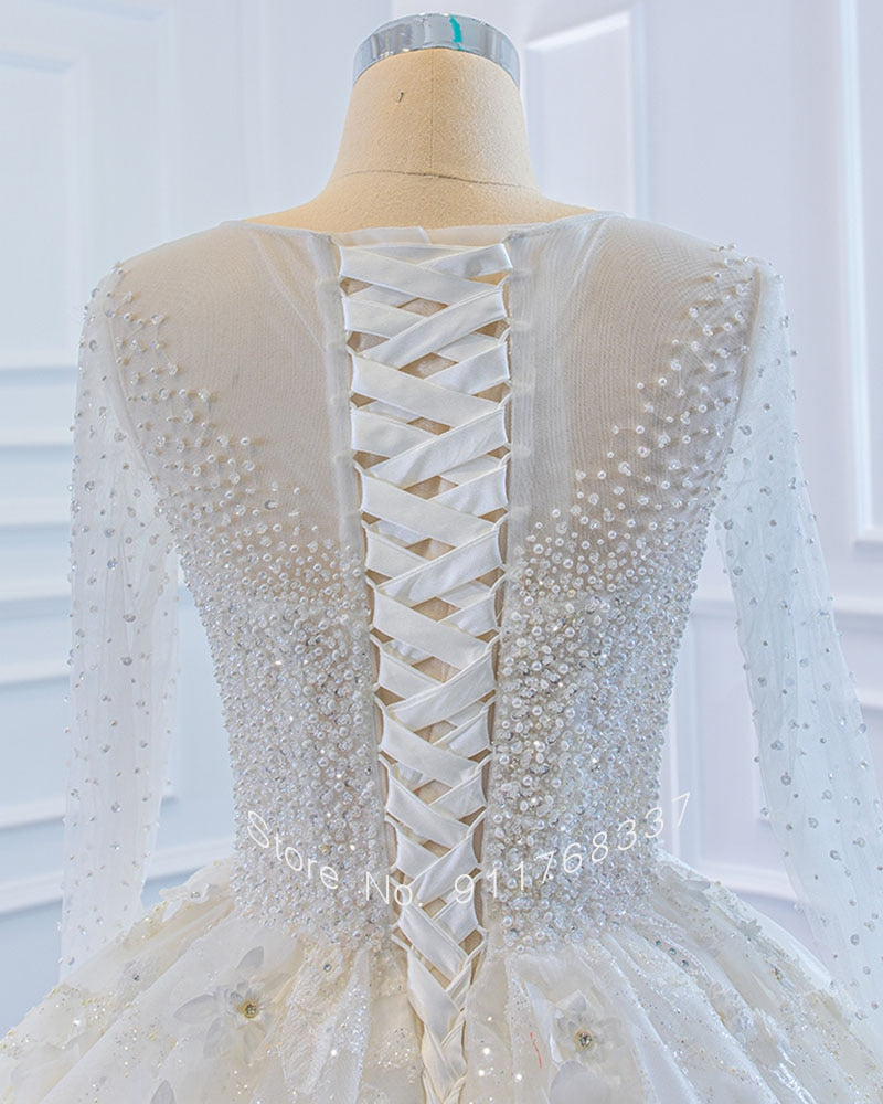 Sparkly Long Sleeve Ball Gown Princess Wedding Dress with Handmade Flowers, Beading, and Pearls
