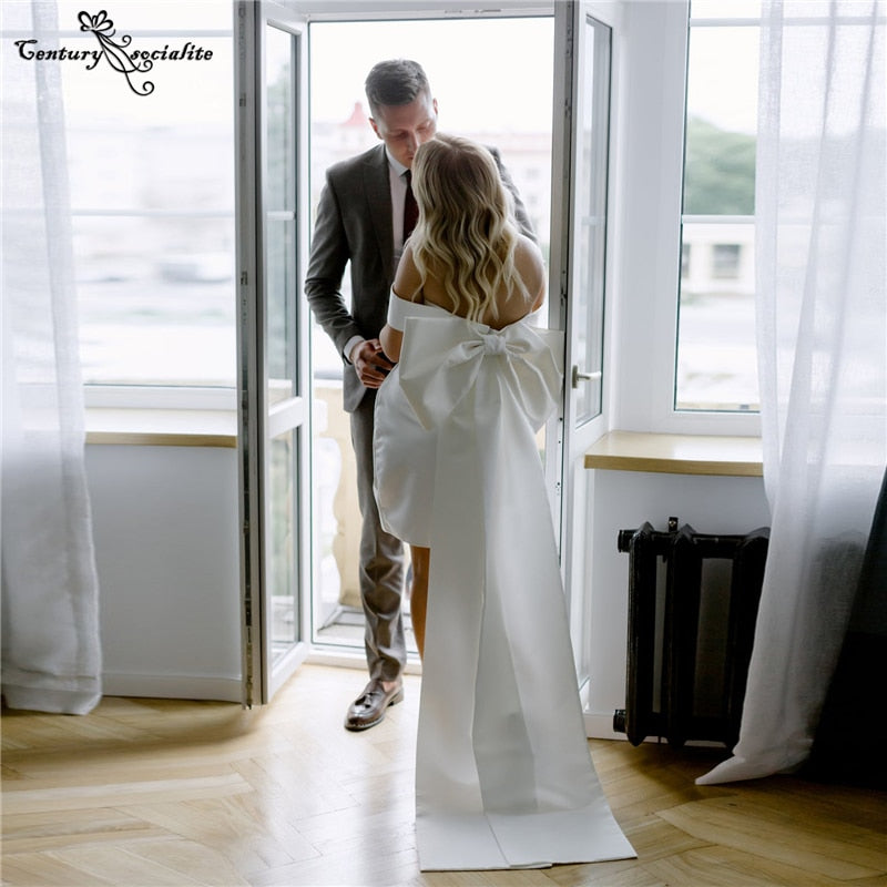Satin Wedding Dresses Short with Detachable Big Bow Off the Shoulder Simple Bride Dress Beach Bridal Gowns Robe De Mariee 2022