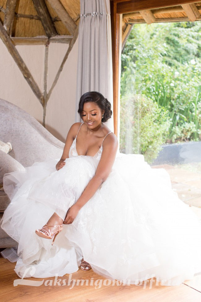 Champagne Floral Lace Wedding Dresses with Back Cutout and Ruffles Ballgown