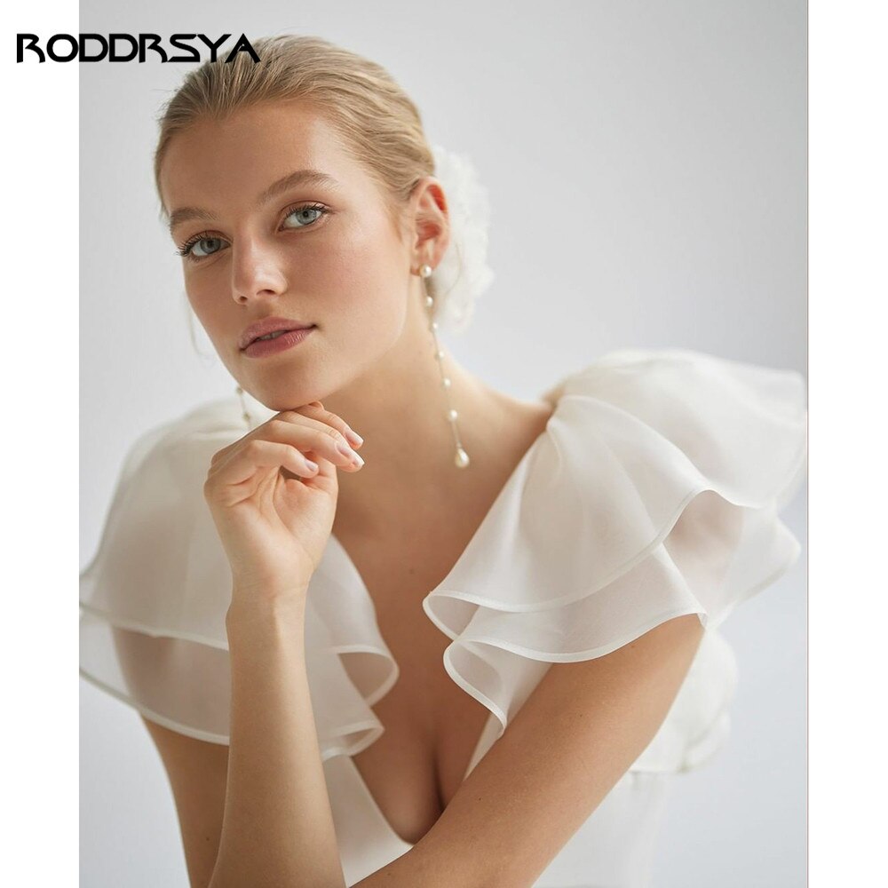 V-Neck Ruffle Cap Sleeve Bridal Gown with Open Back