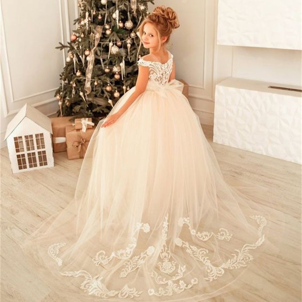 Flower Girl Dresses, First Communion Gown, Big Bow, Long Sleeves, Ball Gown, White Girls Formal Wedding Party Flower Girl Dresses