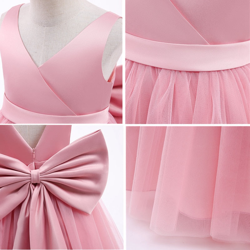Elegant Girls Big Bow Dress Teen Girl White Ceremony Long Robe Clothing Kids Bridesmaid Wedding