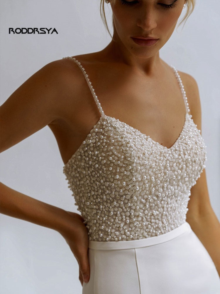 Beaded Pearl Wedding Dress with Spaghetti Straps