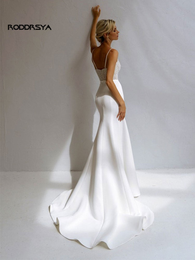 Beaded Pearl Wedding Dress with Spaghetti Straps