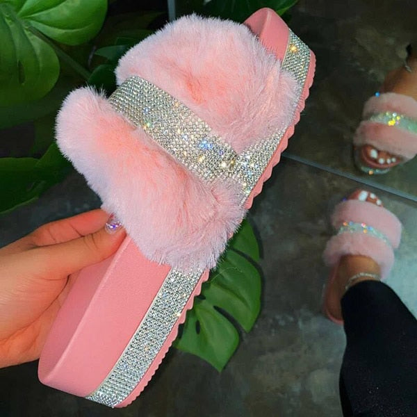 Rhinestone Slippers with Platform Wedge Heel
