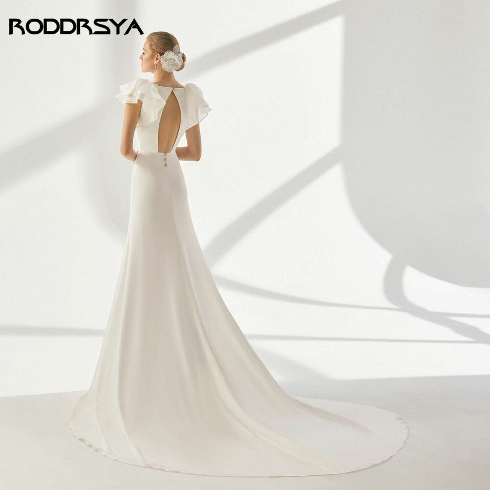 V-Neck Ruffle Cap Sleeve Bridal Gown with Open Back