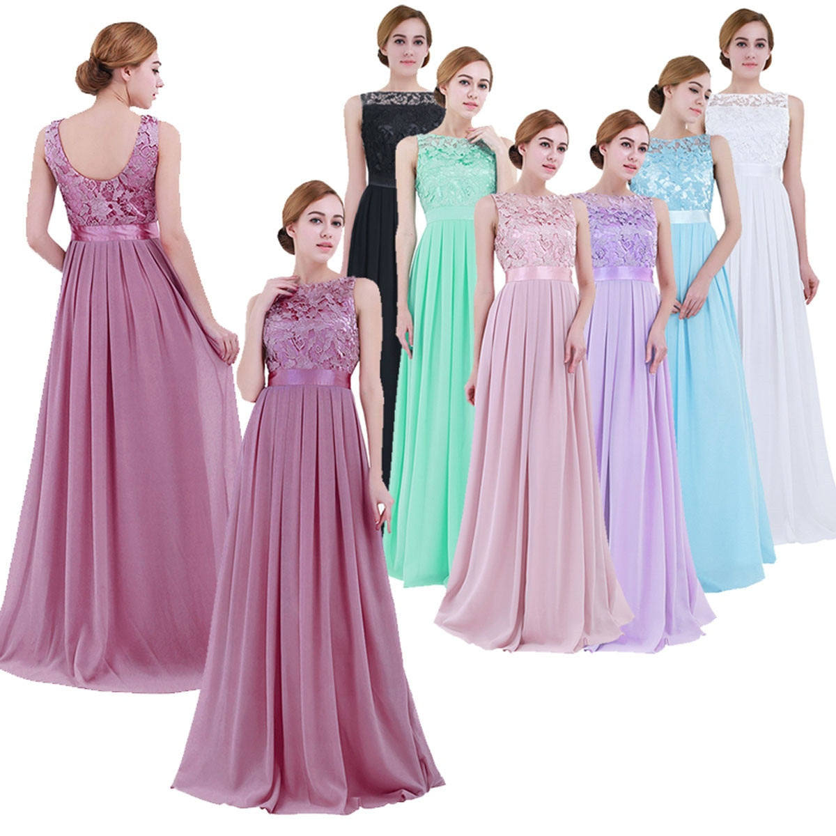 Women's Long Dress Sleeveless Lace Embroidered Chiffon Bridesmaid Dresses Pageant Wedding Party Dress Vestidos Robe De Soiree