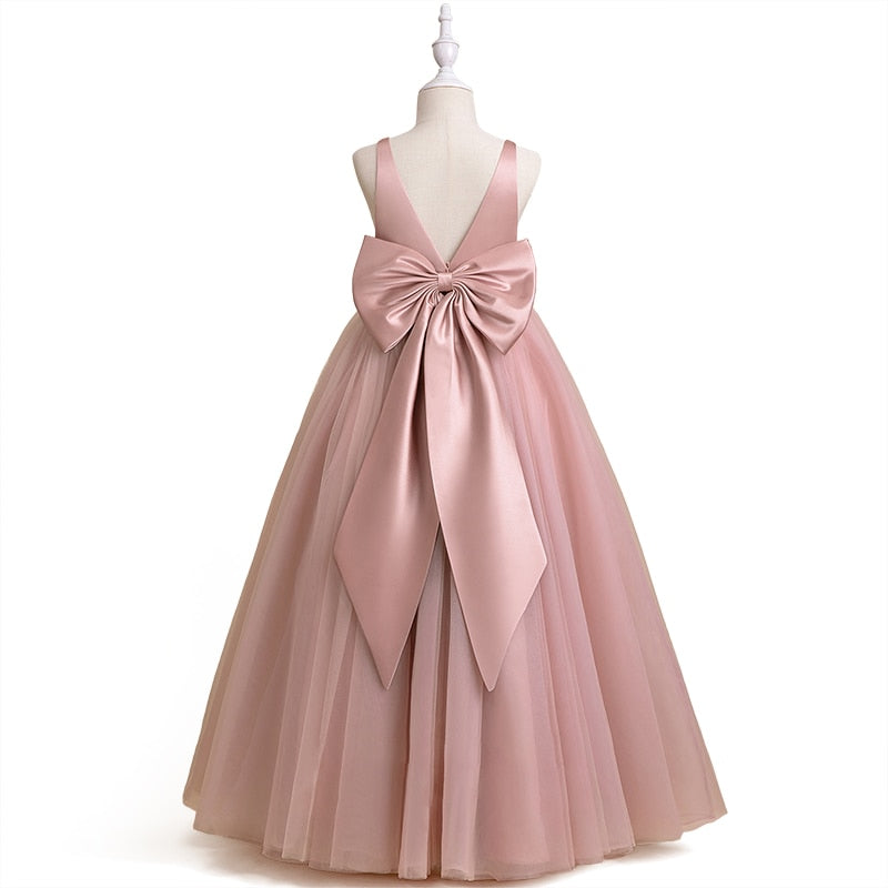 Elegant Girls Big Bow Dress Teen Girl White Ceremony Long Robe Clothing Kids Bridesmaid Wedding