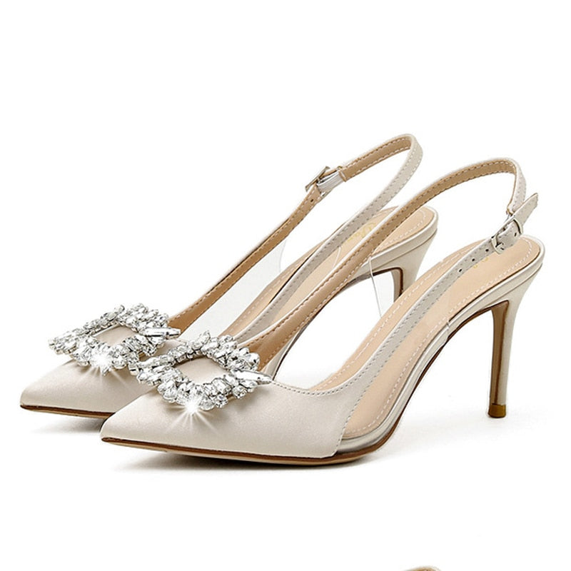 Satin High Heels with Embellished Rhinestone Buckle
