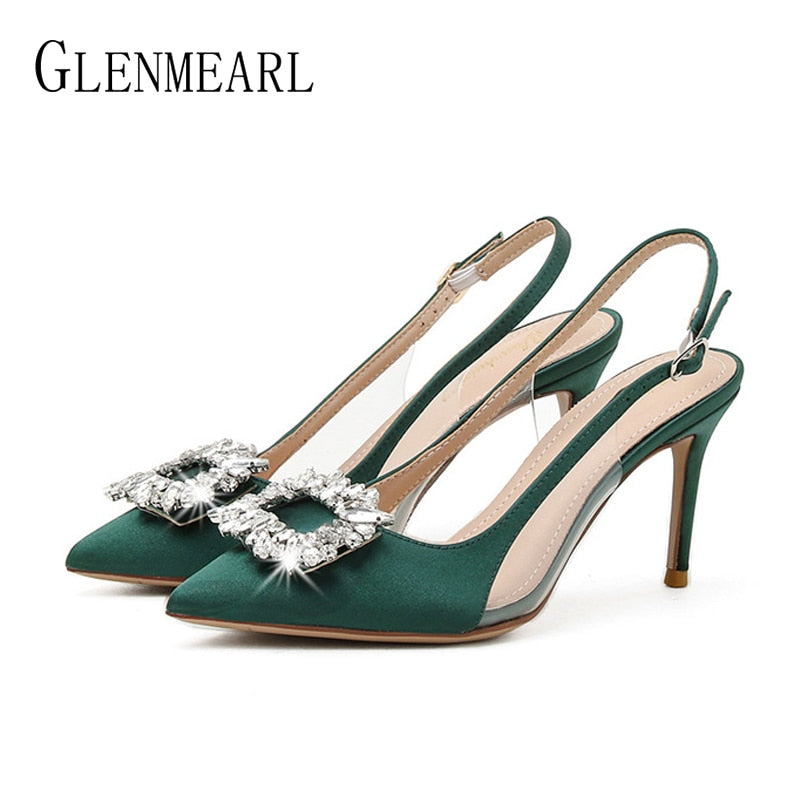 Satin High Heels with Embellished Rhinestone Buckle