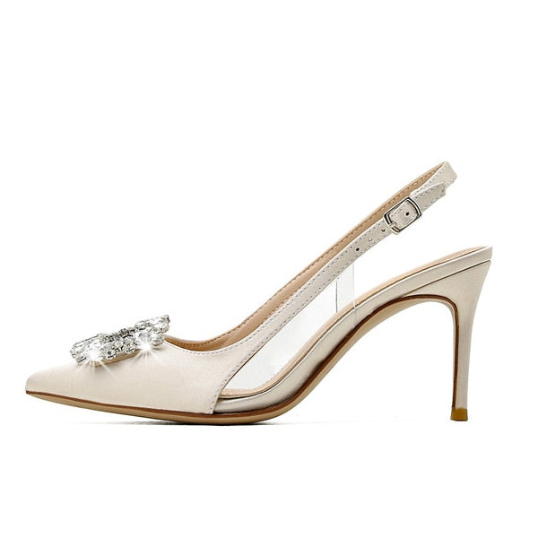 Satin High Heels with Embellished Rhinestone Buckle