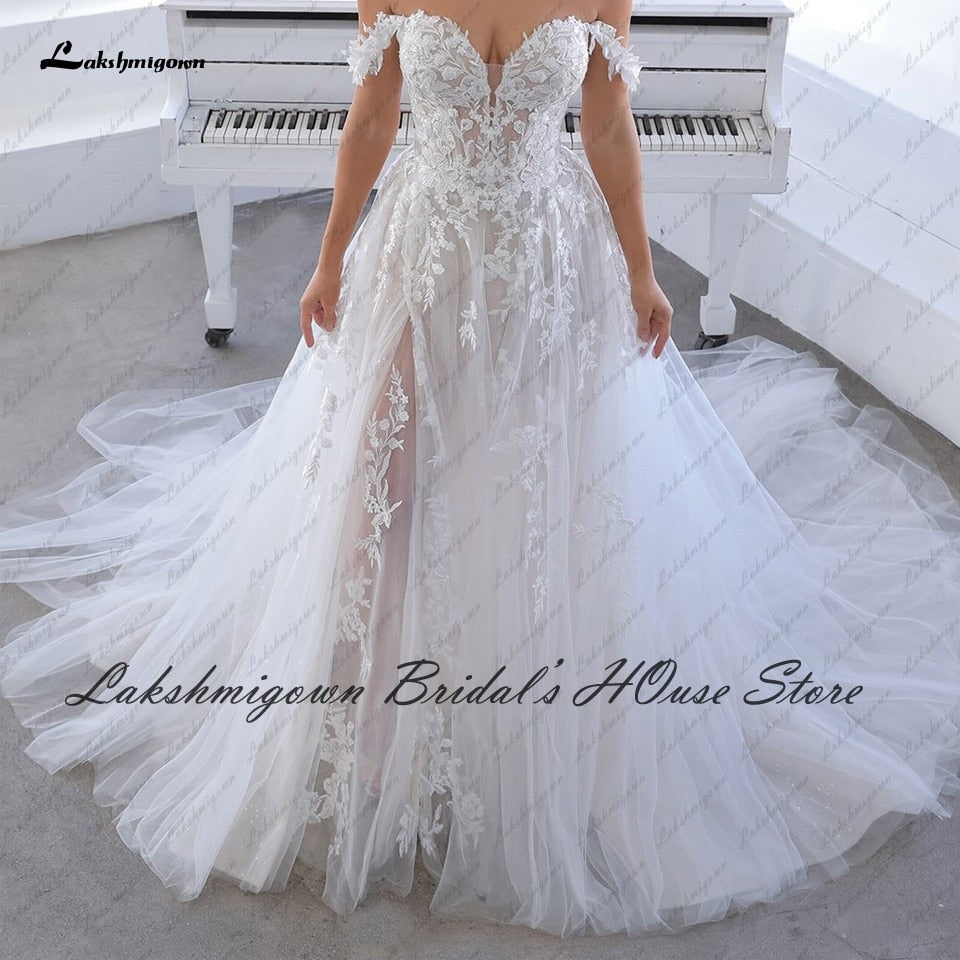 Off the Shoulder Boho Lace Appliqué Wedding Gown