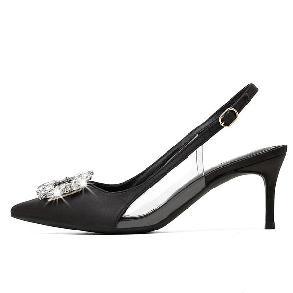 Satin High Heels with Embellished Rhinestone Buckle