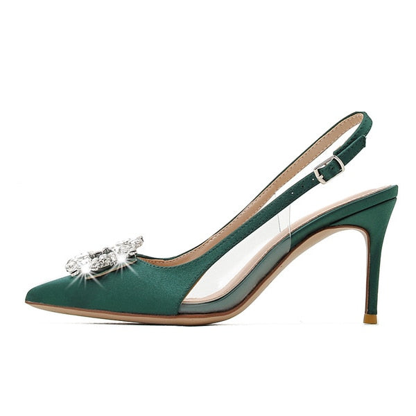 Satin High Heels with Embellished Rhinestone Buckle