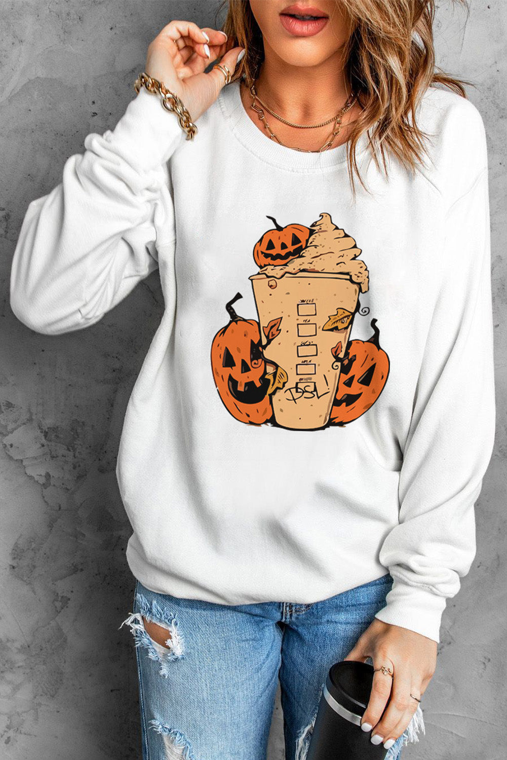 Halloween Pumpkin Spice Latte Graphic Round Neck Sweatshirt