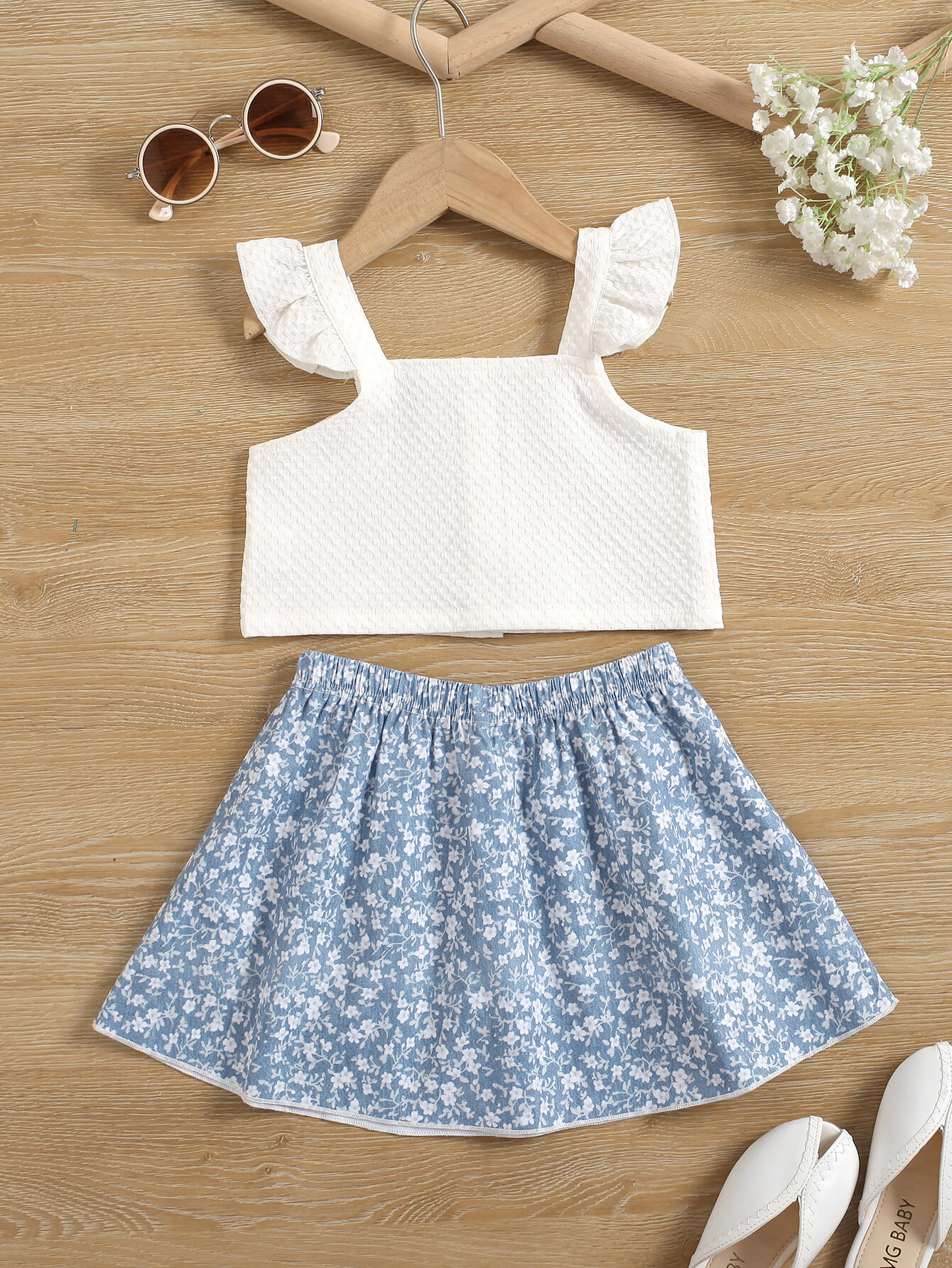 Girls Flutter Sleeve Top and Floral Skirt Set