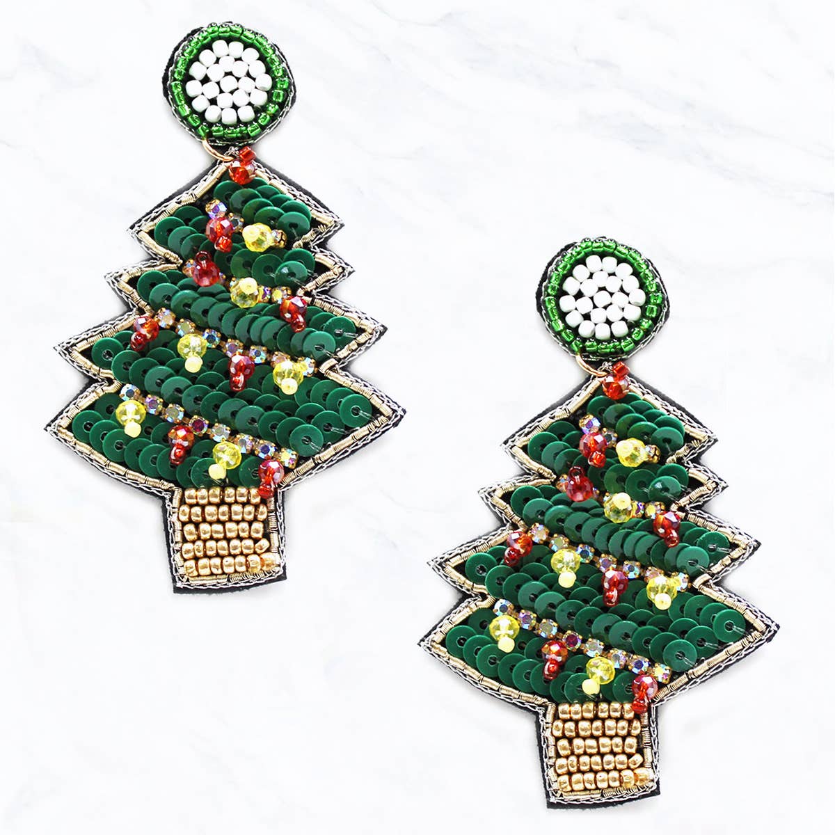 Seed Bead, Sequin Christmas Tree, Fabric Post Dangle Earring