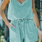 Drawstring Waist Notched Sleeveless Romper with Pockets