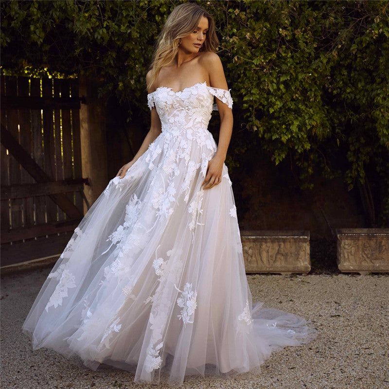 Lace Wedding Dresses 2020 Off the Shoulder Appliques A-Line Bride Dress Princess Wedding Gown Bridal robe de mariee