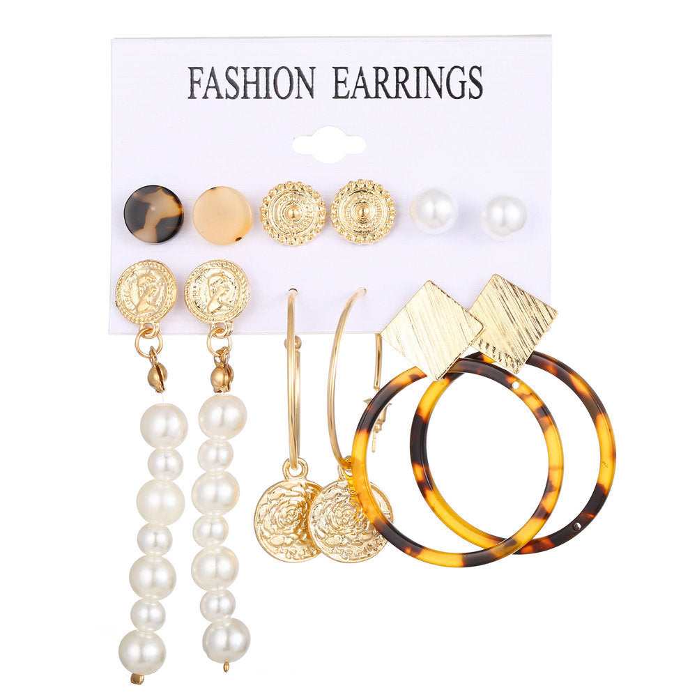 Acrylic Artificial Pearl Circle Tassel Earring Set 6 Pieces Cross Border Earrings