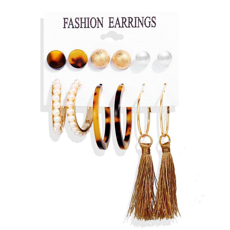 Acrylic Artificial Pearl Circle Tassel Earring Set 6 Pieces Cross Border Earrings