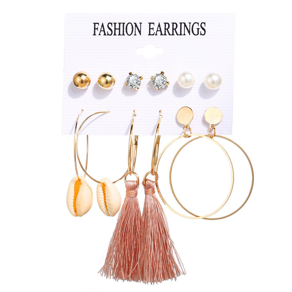 Acrylic Artificial Pearl Circle Tassel Earring Set 6 Pieces Cross Border Earrings