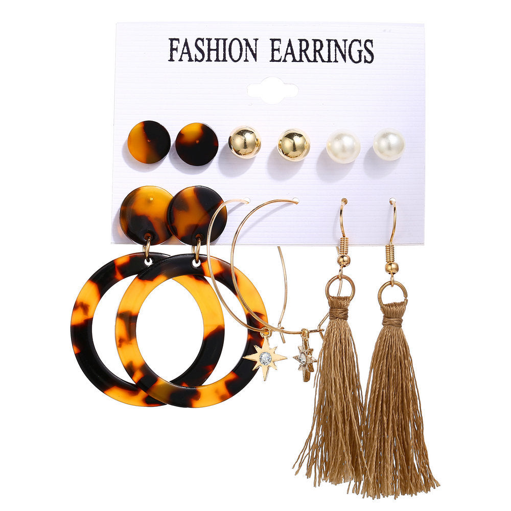 Acrylic Artificial Pearl Circle Tassel Earring Set 6 Pieces Cross Border Earrings