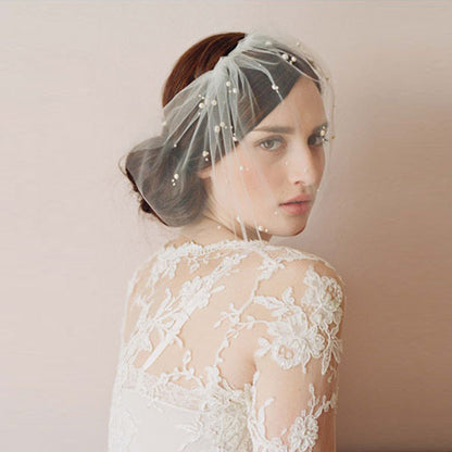 Short White Wedding Veil with Pearls