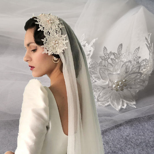 Retro Simple Lace Pearl Short Double Veil